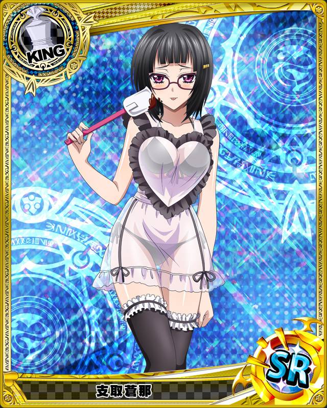 1girl :p apron black_hair black_legwear black_panties bra character_name chocolate food food_on_face glasses hair_ornament hairclip high_school_dxd king_(chess) leg_garter official_art panties see-through short_hair side-tie_panties solo sona_sitri spatula thigh-highs tongue tongue_out trading_cards underwear violet_eyes