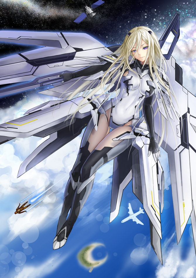 1girl airplane blonde_hair blue_eyes boots clouds covered_navel date_a_live ellen_mira_mathers floating flying full_body galaxy gloves highleg highleg_leotard iron_man island leotard light_smile long_hair marvel mecha_musume ocean power_armor satellite skin_tight space sturmjager thigh-highs thigh_boots thigh_gap