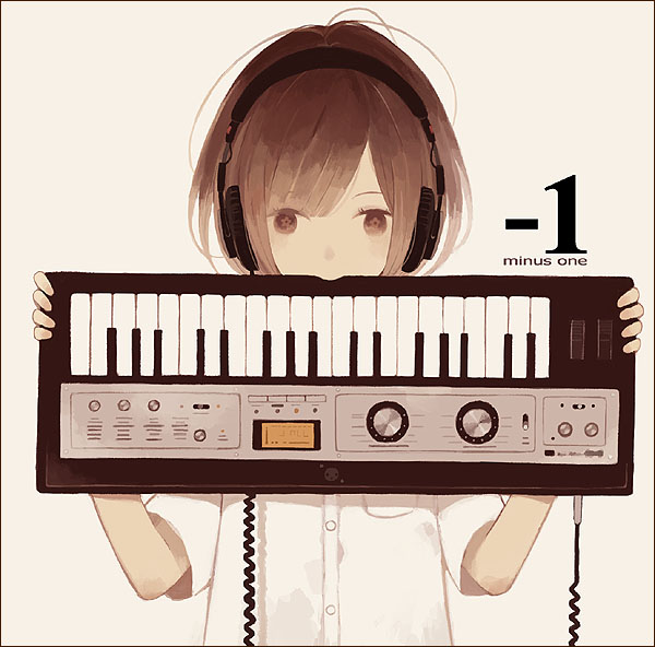 1 1girl brown_hair commentary_request english grey_background headphones holding instrument keyboard korg_microkorg looking_at_viewer mitsuki_mouse original sepia shirt short_sleeves solo star star-shaped_pupils symbol-shaped_pupils synthesizer upper_body