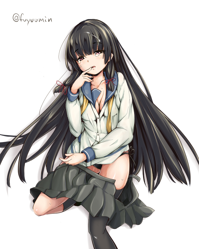 1girl black_legwear black_panties finger_to_mouth fuyu_mi isokaze_(kantai_collection) kantai_collection kneehighs long_hair long_sleeves panties partially_undressed red_eyes school_uniform serafuku side-tie_panties simple_background single_kneehigh single_thighhigh skirt skirt_pull solo tears thigh-highs twitter_username underwear very_long_hair