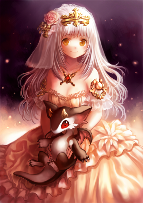 1girl blush breasts brown_eyes dragon dress flower hair_flower hair_ornament holding jewelry light_particles necklace nishizawa original pink_rose red_eyes rose silver_hair smile veil