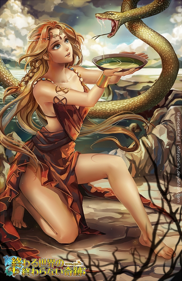 1girl alice_jing armlet bare_legs barefoot blonde_hair braid circlet dish dress long_hair poison revenge_of_dragoon serpent snake