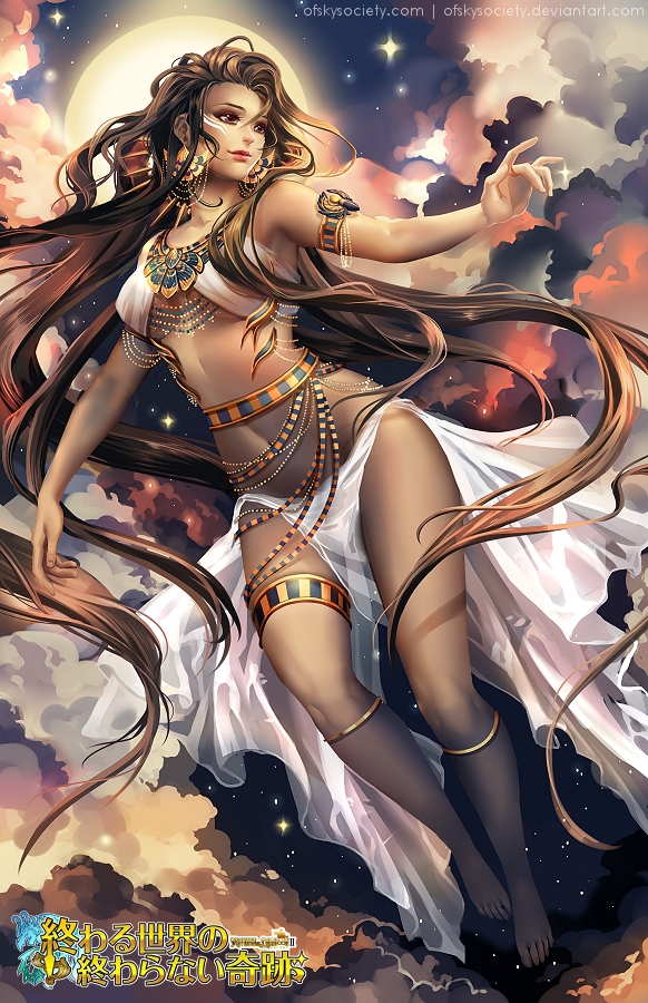 1girl alice_jing anklet armlet barefoot brown_hair clouds dark_skin dress egyptian egyptian_mythology facial_mark goddess jewelry long_hair midriff moon nature navel nuit revenge_of_dragoon see-through skirt veil