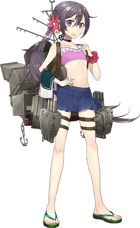 1girl akebono_(kantai_collection) anchor anklet bag bikini drew_(drew213g) flower frills hair_ornament jewelry kantai_collection looking_at_viewer machinery official_art purple_hair ribbon sandals school_uniform serafuku side_ponytail skirt solo swimsuit torpedo violet_eyes
