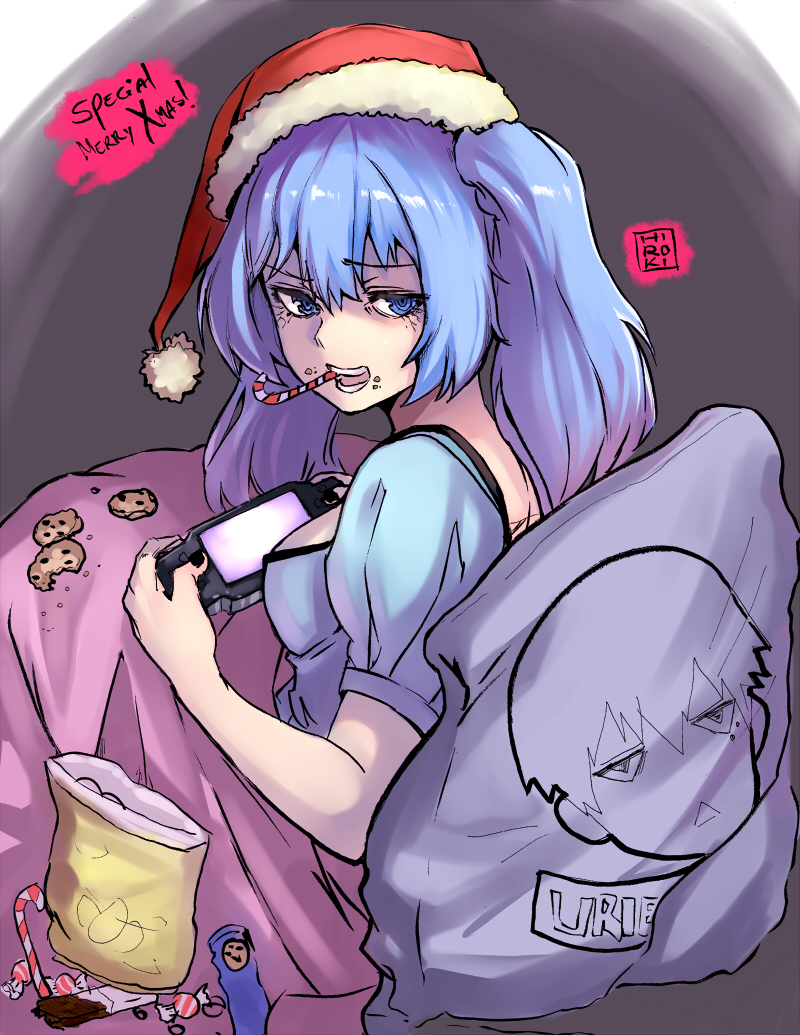 1girl :d bag_of_chips blanket blue_eyes blue_hair candy candy_cane chips chocolate christmas cookie food hat hiroki_(hirokiart) holding long_hair merry_christmas open_mouth pajamas pillow playing_games playstation_portable puffy_short_sleeves puffy_sleeves santa_hat short_sleeves smile solo tokyo_ghoul tokyo_ghoul:re twintails urie_kuki yonebayashi_saiko