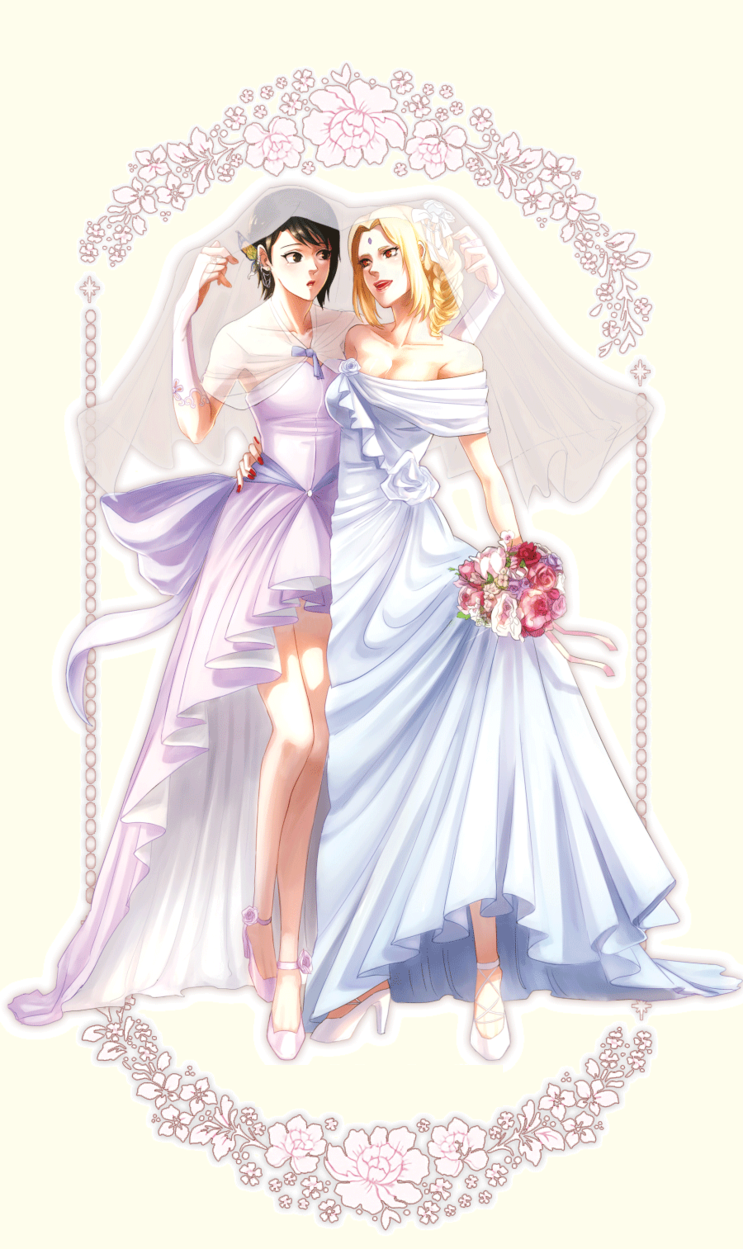 2girls :o alternate_hairstyle bare_shoulders blonde_hair bouquet braid bridal_gauntlets bridal_veil brown_hair couple dress facial_mark flower forehead_mark full_body hand_on_another's_hip highres may_c multiple_girls nail_polish naruto open_mouth pink_shoes shared_veil shizune_(naruto) shoes short_hair side_braid strapless_dress tsunade veil very_short_hair wedding_dress white_dress white_shoes wife_and_wife yuri
