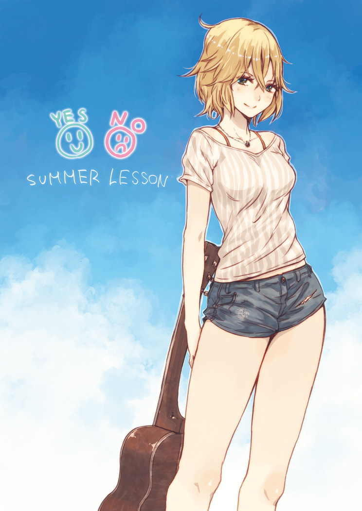 1girl blonde_hair blue_eyes breasts denim denim_shorts guitar hrd instrument jewelry looking_at_viewer necklace short_hair short_shorts shorts smile solo summer_lesson thighs