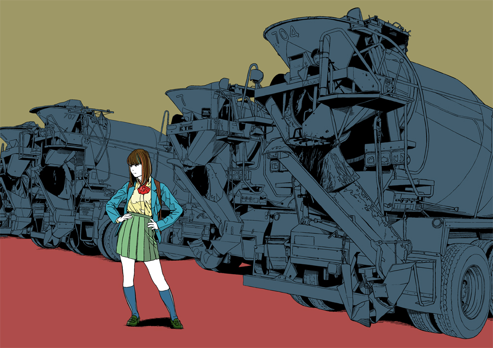 1girl brown_hair commentary_request concrete_mixer hands_on_hips industrial jacket motor_vehicle multiple_monochrome open_clothes open_jacket original pleated_skirt red school_uniform shoes skirt solo standing tanaka_hirotaka truck truck_mixer vehicle