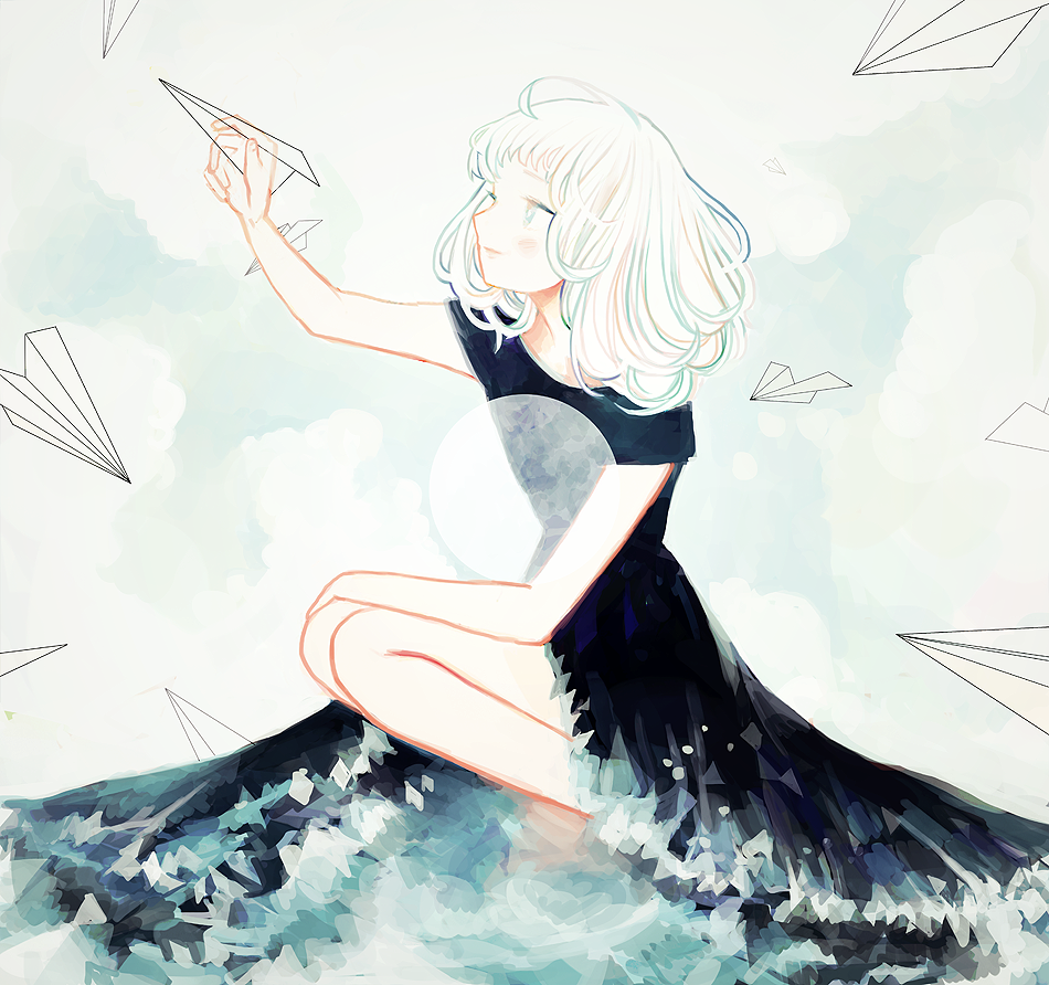 1girl aiming black_dress clouds cloudy_sky contrast dress frilled_dress frills green_hair hand_on_knee light_smile multicolored_hair ocean original paper_airplane personification sky solo squatting tofuvi two-tone_hair white_background