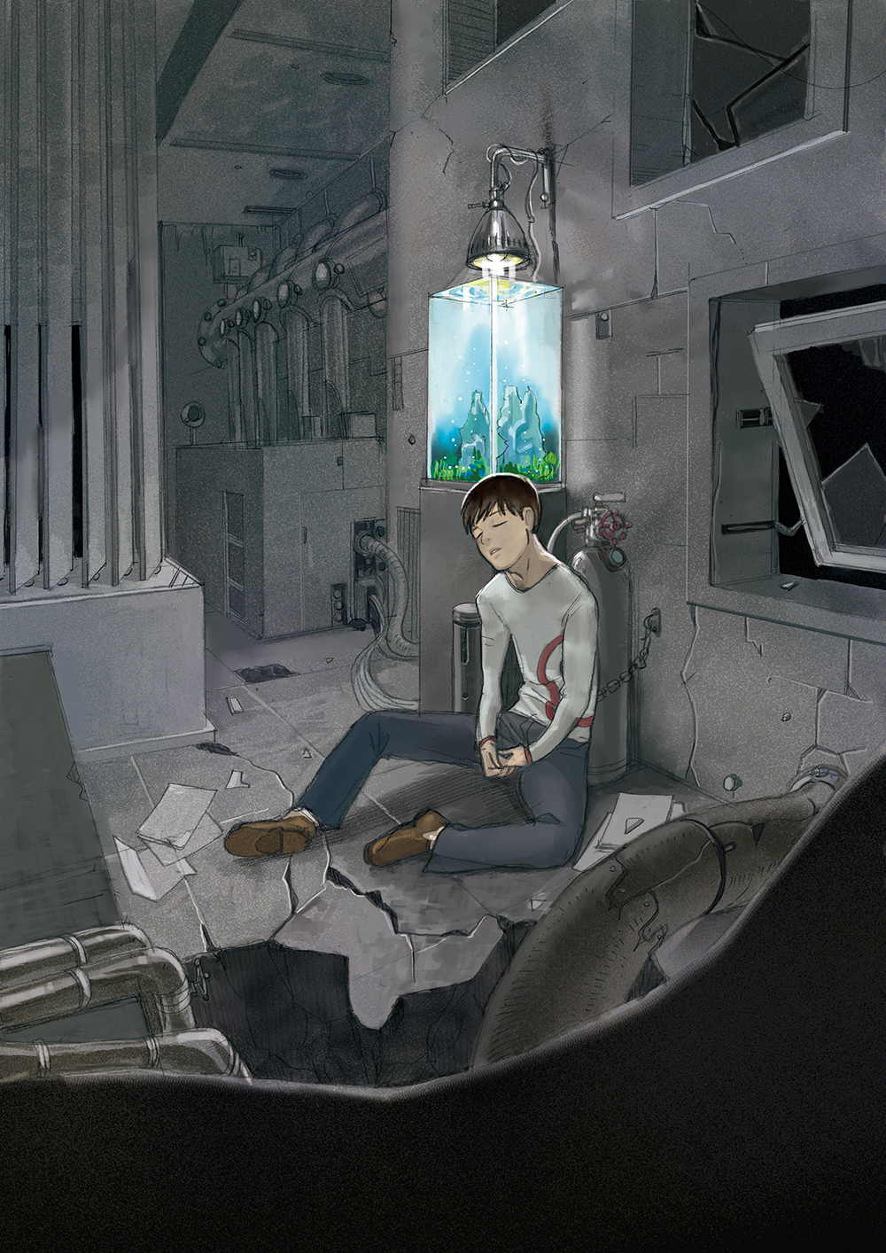 1boy andou_ikori broken_glass broken_window brown_hair chain closed_eyes fish_tank gas_tank glass grey highres male_focus original pants paper pipes ruins shoes sitting sketch spot_color v_arms