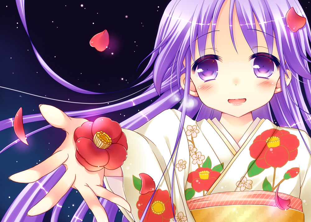 blush camellia_(flower) flower happiness! japanese_clothes kimono lipstick long_hair makeup night otoko_no_ko petals purple_hair smile star violet_eyes watarase_jun