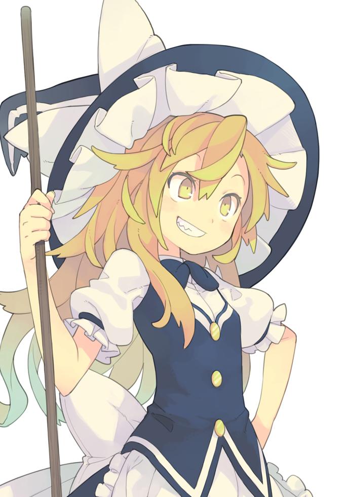 1girl blonde_hair bow braid broom grin hair_bow hand_on_hip hat kirisame_marisa long_hair morino_hon smile solo touhou witch_hat yellow_eyes