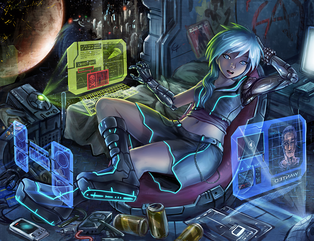 1girl arm_behind_head armpits barefoot bed bed_sheet bionic blue_eyes blue_hair breasts cable can chair cockpit crossed_legs cyborg full_body graffiti holographic_interface holographic_keyboard holographic_monitor indoors long_hair maxa' mechanical_arm mechanical_parts midriff navel open_mouth original pen pillow planet prosthesis prosthetic_arm signature sitting skirt skull_and_crossbones small_breasts soles solo space window