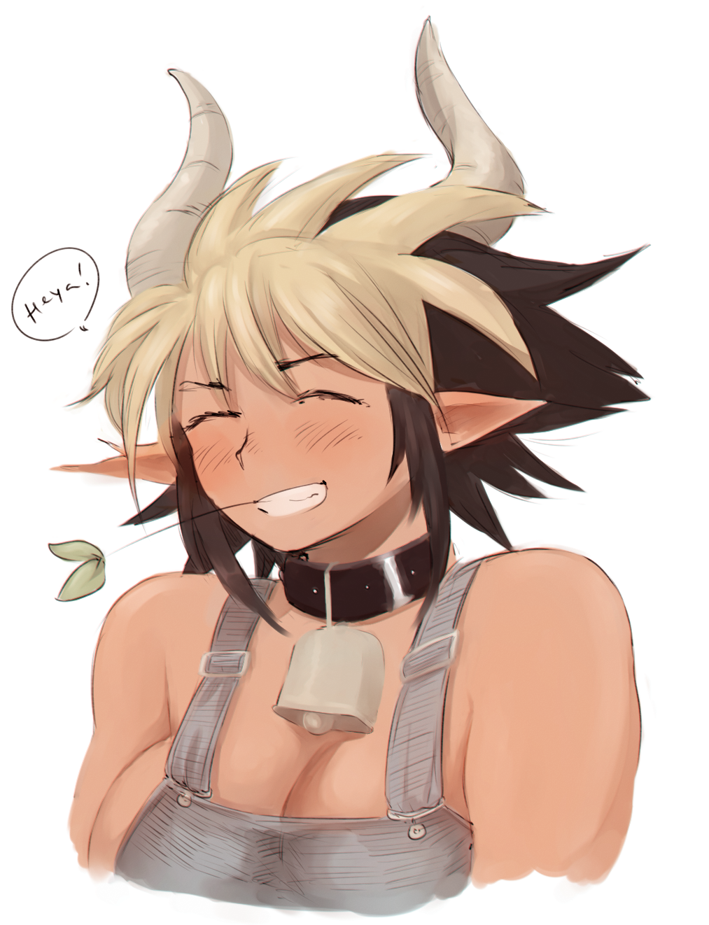 1girl animal_ears bell bell_collar blush breasts cathyl closed_eyes collar colored cow_bell cow_ears cow_girl cow_horns english grin highres horns huge_breasts minotaur monster_musume_no_iru_nichijou moonexplorers mouth_hold multicolored_hair overalls portrait sketch smile solo straw