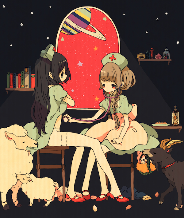 2girls arm_support basket black_hair book bookshelf bottle braid brown_hair chair commentary_request dog dress dress_lift hat kurokeisin listening multiple_girls muted_color nurse nurse_cap open_window original red_eyes red_shoes saturn sheep shelf shoes sitting sky star_(sky) starry_sky stethoscope surreal twin_braids white_legwear