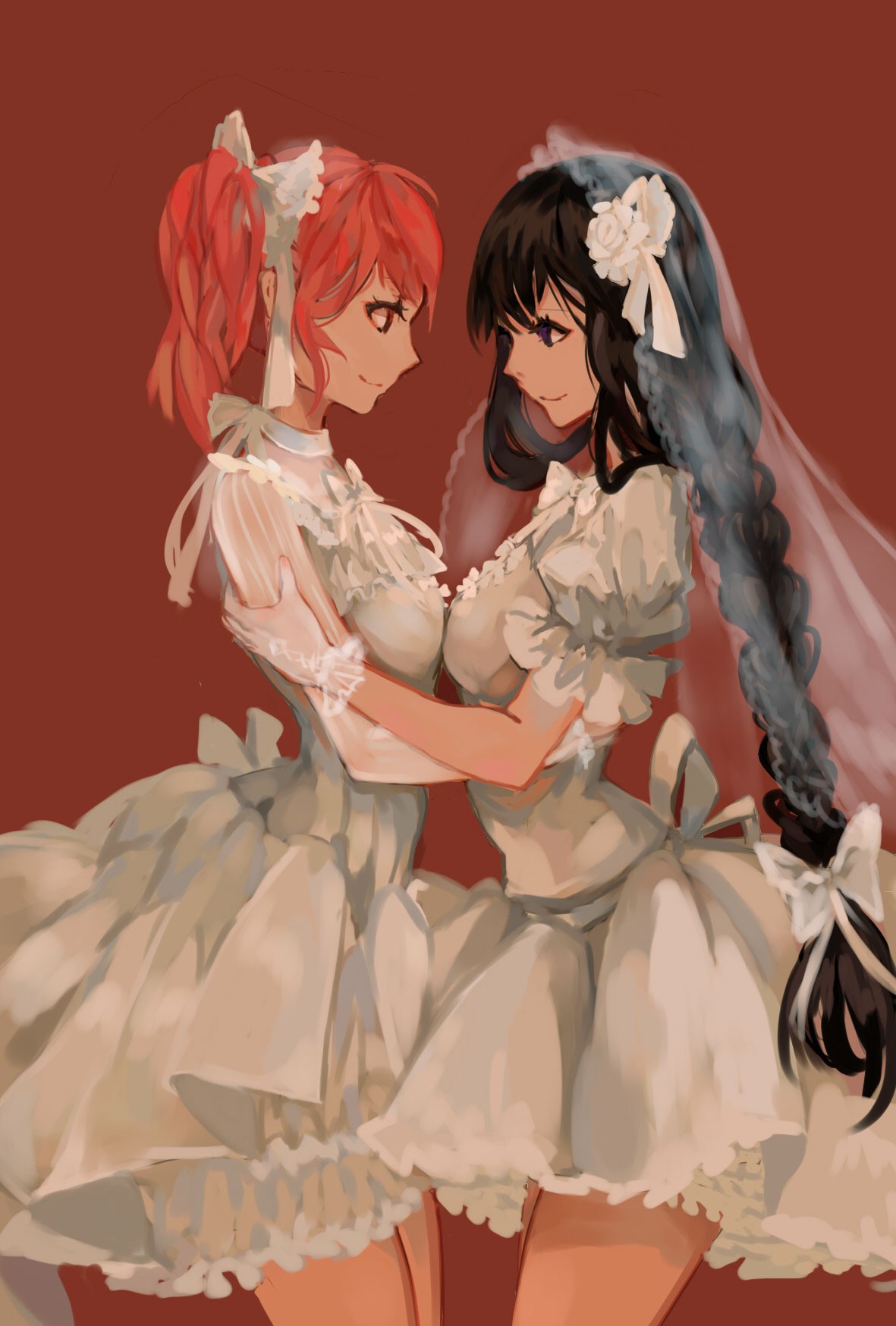 2girls akemi_homura arm_grab black_hair braid couple cowboy_shot dress flower from_side gloves hair_flower hair_ornament hair_ribbon highres kaname_madoka long_hair looking_at_another mahou_shoujo_madoka_magica multiple_girls petticoat pink_hair red_background ribbon short_hair simple_background single_braid touching twintails veil wedding_dress white_dress white_gloves white_ribbon wife_and_wife wttwj yuri