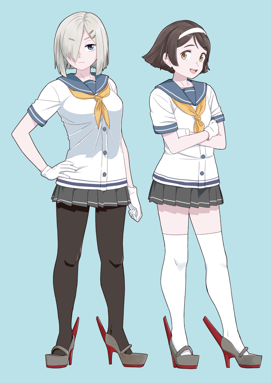 2girls bangs black_hair black_legwear blue_background blue_eyes blue_sailor_collar breasts closed_mouth crossed_arms full_body gloves grey_skirt hair_ornament hair_over_one_eye hairband hairclip hamakaze_(kancolle) hand_on_hip highres kantai_collection large_breasts multiple_girls ojipon open_mouth pantyhose pleated_skirt rudder_footwear sailor_collar school_uniform serafuku short_hair short_sleeves simple_background skirt standing tanikaze_(kancolle) thigh-highs white_gloves white_hairband white_legwear yellow_eyes yellow_neckwear