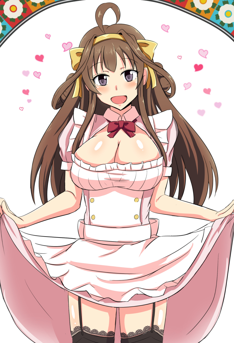 1girl :d black_legwear blush breasts brown_hair cleavage garter_straps heart kantai_collection kongou_(kantai_collection) large_breasts long_hair looking_at_viewer open_mouth shigure-p skirt skirt_lift smile solo thigh-highs violet_eyes