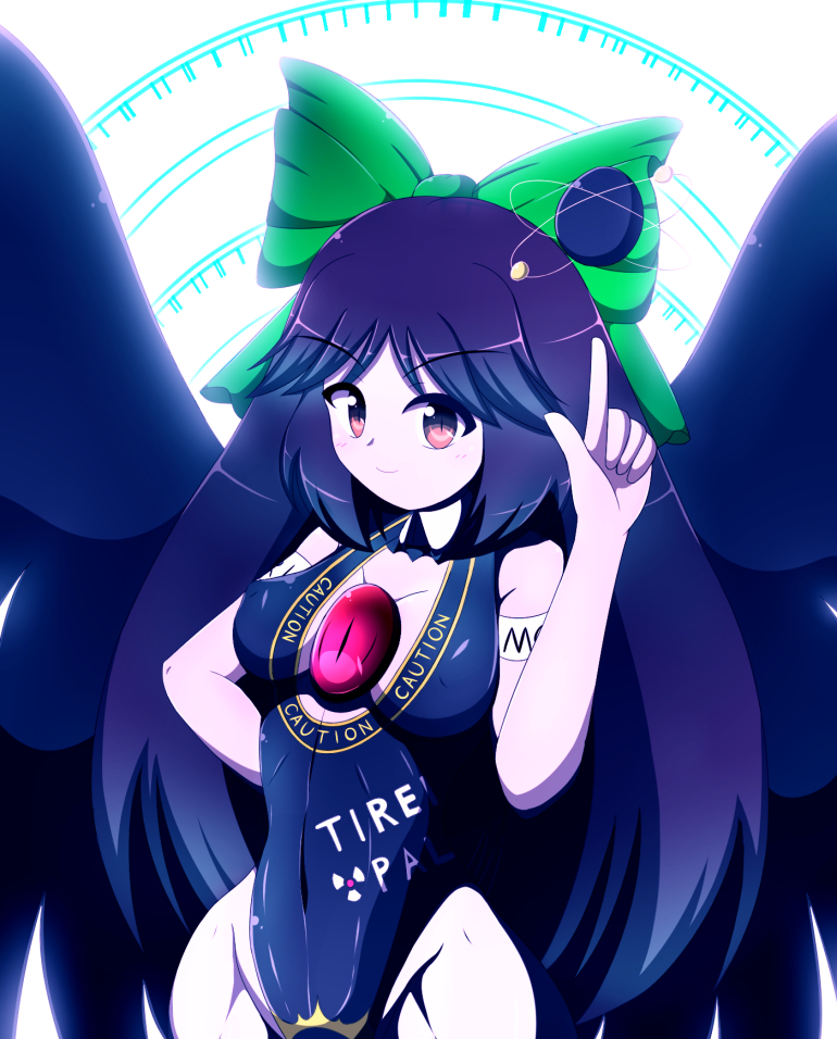 1girl black_hair black_wings bow hair_bow kagayama_hajime leotard long_hair racequeen red_eyes reiuji_utsuho third_eye touhou wings