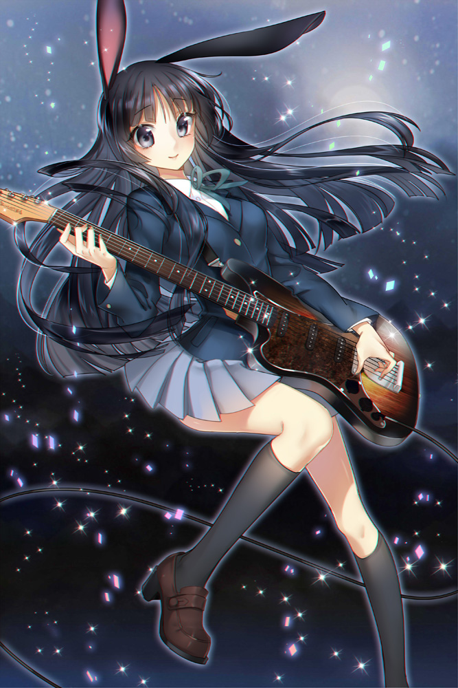 1girl akiyama_mio animal_ears black_eyes black_hair guitar instrument k-on! left-handed long_hair rabbit_ears school_uniform sptuel