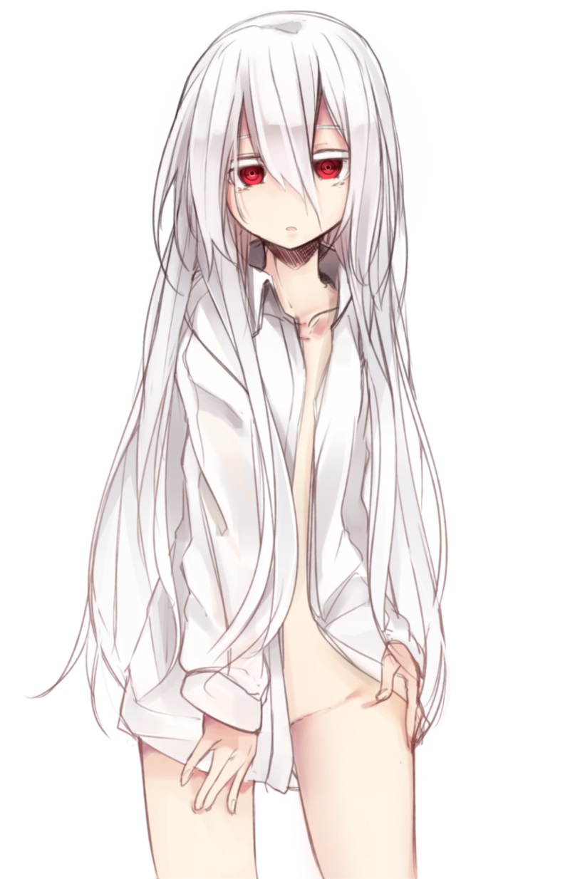1girl collarbone cowboy_shot groin haegiwa highres long_hair looking_at_viewer no_bra no_panties original parted_lips red_eyes shirt shirt_only simple_background solo white_background white_hair white_shirt