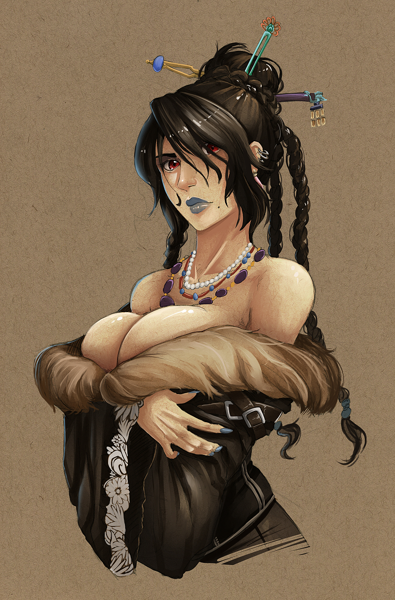 1girl black_hair blue_lipstick blue_nails breast_lift breasts cleavage crossed_arms detached_sleeves eyebrows final_fantasy final_fantasy_x fur_trim hair_ornament hair_over_one_eye hair_stick highres huge_breasts jewelry lipstick lulu_(final_fantasy) makeup mole mole_under_mouth nail_polish necklace nose pearl_necklace red_eyes solo upper_body whistle_frog