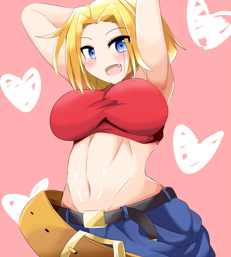1girl abs armpits baggy_pants bare_shoulders belt blonde_hair blue_eyes blue_mary blush breasts crop_top fang fatal_fury fingerless_gloves gloves halter_top halterneck heart karatakewari king_of_fighters large_breasts looking_at_viewer midriff navel open_mouth pants short_hair simple_background smile snk solo straight_hair