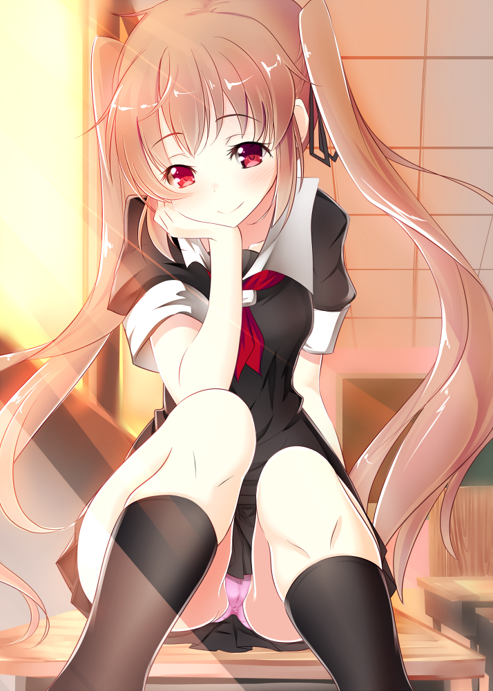 1girl black_legwear blush censored chin_rest classroom indoors inu3 kantai_collection long_hair murasame_(kantai_collection) panties pink_panties red_eyes school_uniform short_sleeves sitting skirt smile solo twintails underwear very_long_hair