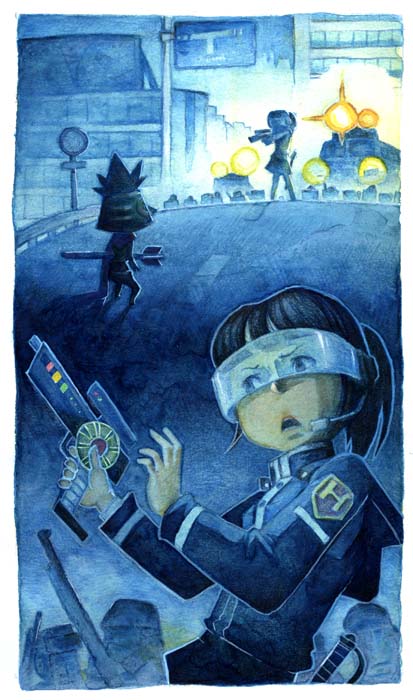 1boy 1girl black_hair blue boburii commentary_request frown glasses guard_rail gun headlight headset highway holding_gun holding_weapon missile motor_vehicle open_mouth original police police_car ponytail road_sign sign sword traditional_media truck upper_body vehicle watercolor_(medium) weapon