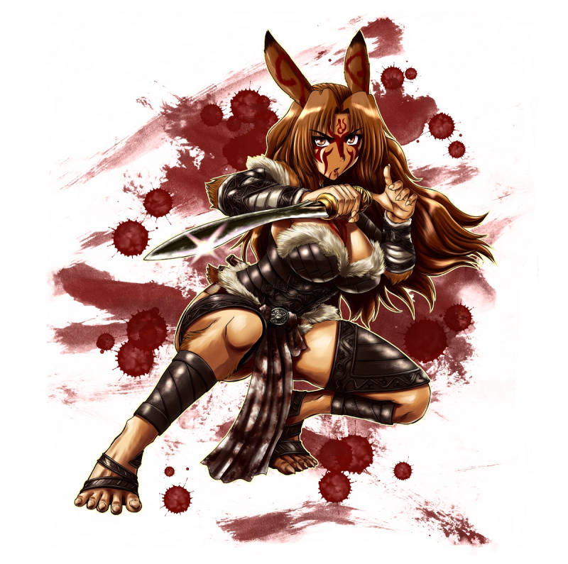 1girl animal_ears armor blood blood_splatter brown_eyes brown_hair bunny_tail delilah_(gate) fighting_stance full_body fur fur_trim gate_-_jieitai_ka_no_chi_nite_kaku_tatakaeri long_hair looking_at_viewer rabbit_ears sao_satoru solo spoilers squatting sword tail toes weapon