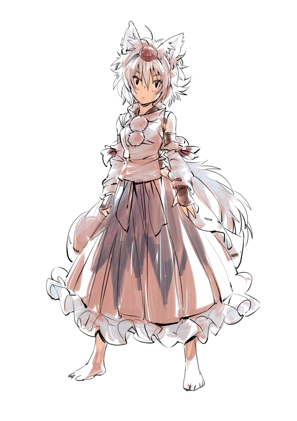 1girl albino animal_ears barefoot colored detached_sleeves frills full_body hat inubashiri_momiji long_skirt long_sleeves looking_at_viewer matsuda_(matsukichi) pom_pom_(clothes) shirt short_hair simple_background sketch skirt solo tail tokin_hat touhou white_background white_hair wide_sleeves wolf_ears wolf_tail