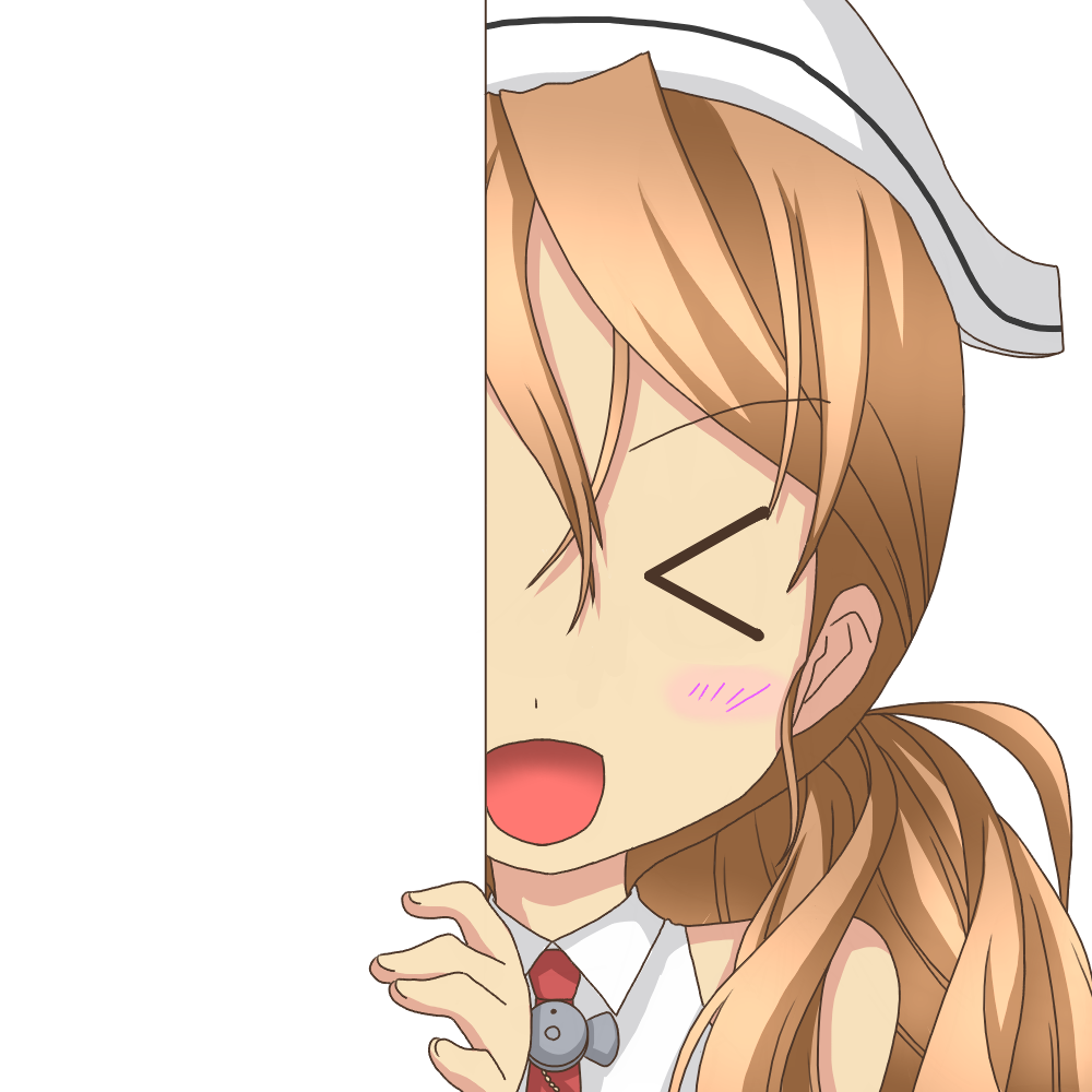&gt;_&lt; 1girl :d brown_eyes brown_hair hat kantai_collection littorio_(kantai_collection) long_hair looking_at_viewer nagineko open_mouth peeking_out simple_background smile solo transparent_background xd