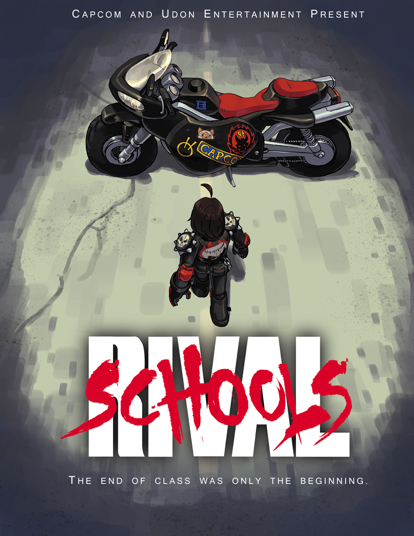 1girl ahoge akira alex_ahad biker_clothes brown_hair from_above from_behind kazama_akira motor_vehicle motorcycle parody rival_schools rival_schools:_united_by_fate short_hair shoulder_pads solo vehicle