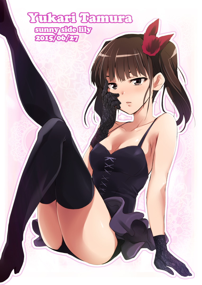 1girl black_gloves black_legwear black_panties brown_eyes brown_hair dated gloves hair_ornament hand_on_own_face highres kaiga leg_up panties real_life short_hair sitting skirt solo tamura_yukari thigh-highs twintails underwear