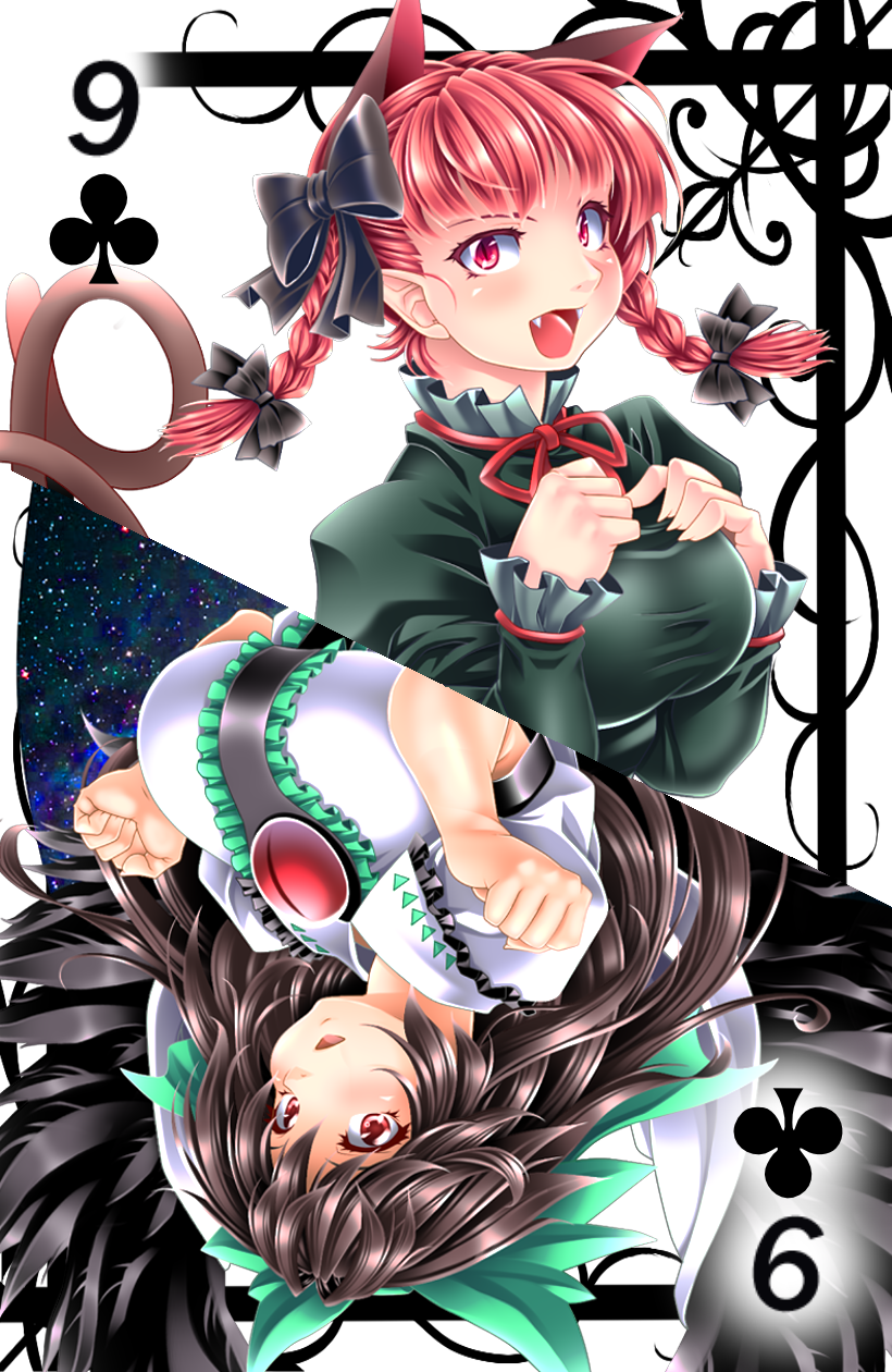 2girls animal_ears bow bowtie braid breast_squeeze breasts card card_(medium) cat_ears cat_tail fang hair_bow highres kaenbyou_rin looking_at_viewer multiple_girls open_mouth parted_lips playing_card reiuji_utsuho ribbon smile tail third_eye touhou twin_braids yoiti