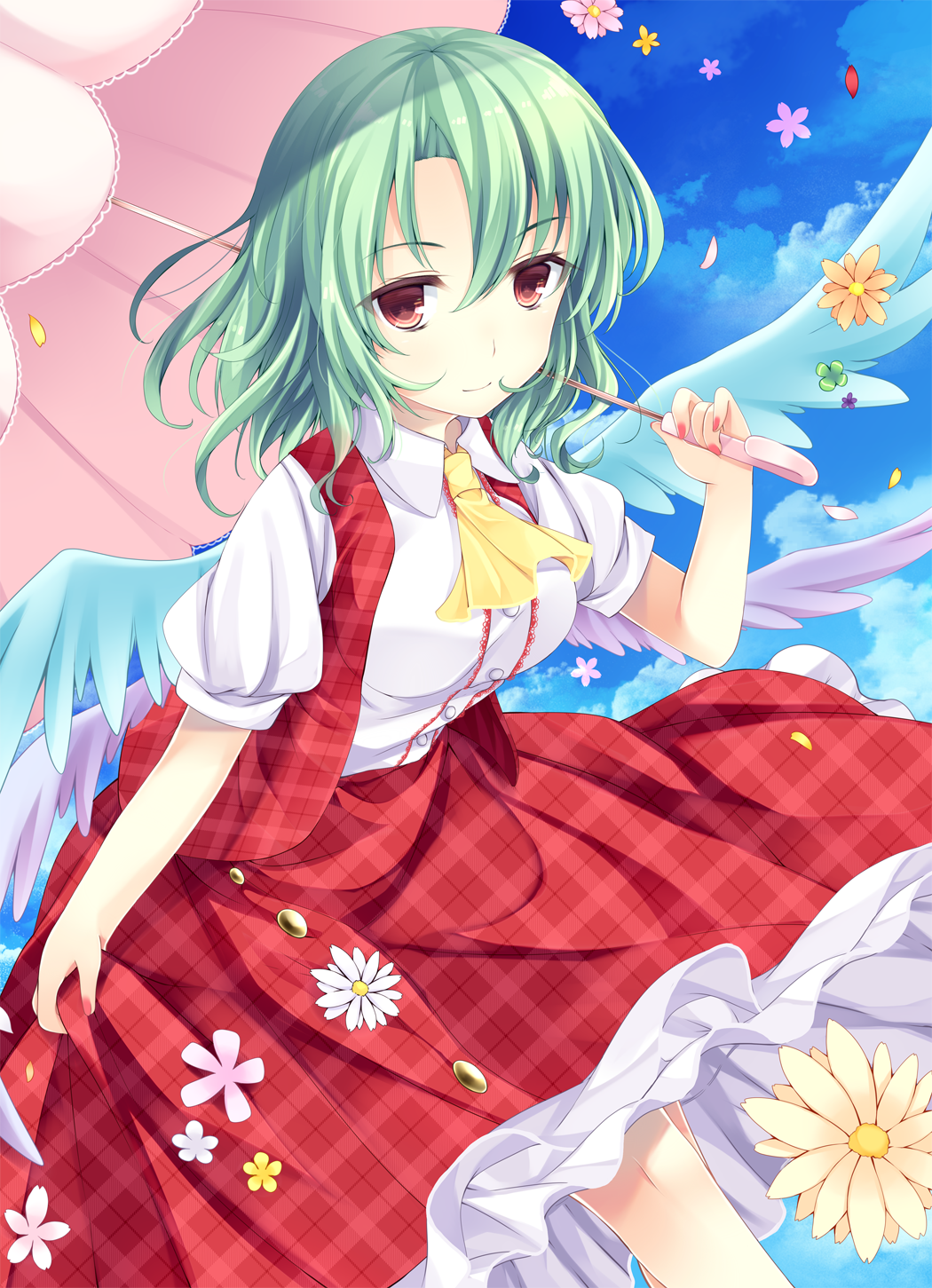 1girl ajiriko ascot blue_sky breasts clouds collared_shirt flower flower_ornament frilled_skirt frills green_hair green_wings highres kazami_yuuka legs long_skirt looking_at_viewer multiple_wings open_clothes open_vest parasol petals puffy_short_sleeves puffy_sleeves purple_wings red_eyes red_skirt seihou shirt short_hair short_sleeves skirt skirt_hold sky smile solo touhou umbrella unmoving_pattern vest wind wings