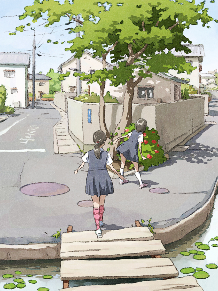 2girls black_hair bridge cityscape commentary highres house kneehighs leaning_forward lily_pad manhole multiple_girls original ponytail power_lines school_uniform short_hair tnt_(aaaazzzz) translated tree