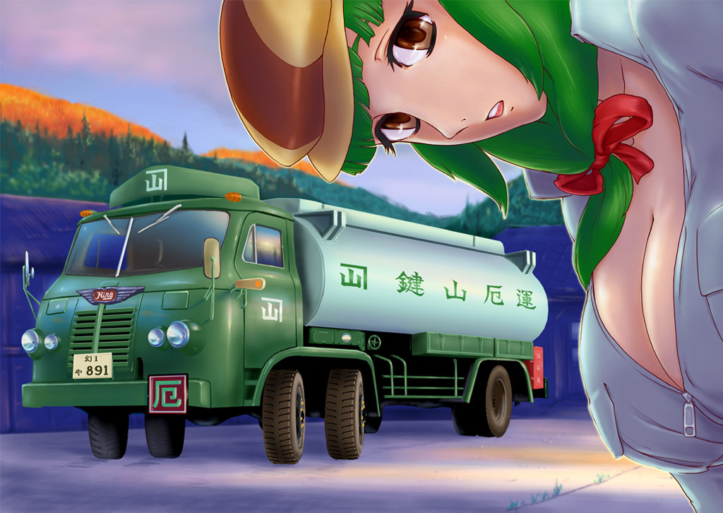 1girl hayachine kagiyama_hina leaning_forward solo tank_truck touhou