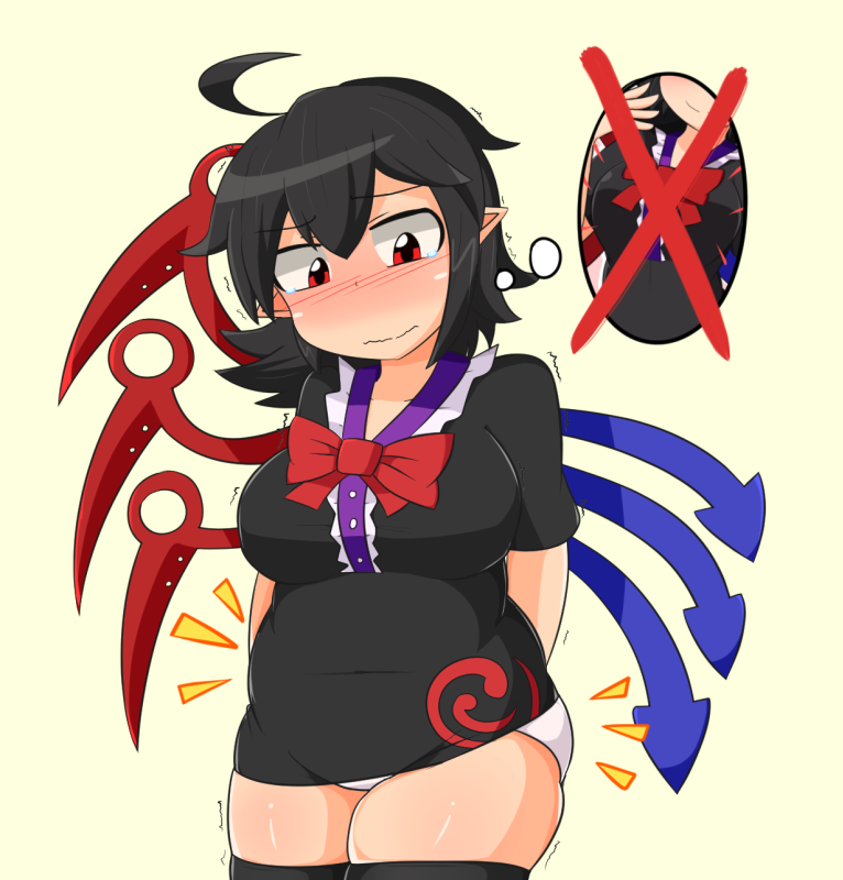 1girl ahoge asymmetrical_wings belly black_dress black_hair black_legwear blush breasts dress fat frown full-face_blush houjuu_nue large_breasts looking_down manorea panties plump red_eyes sad short_hair solo tears thick_thighs thigh-highs thighs thinking touhou trembling undersized_clothes underwear wavy_mouth weight_conscious white_panties wings