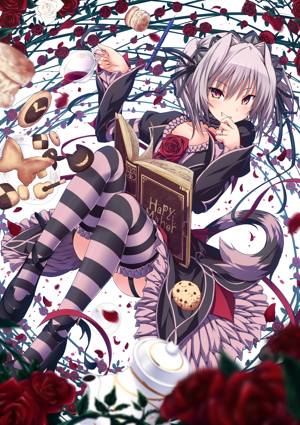 1girl :d blurry book cookie copyright_name cup depth_of_field flower food garter_straps grin hairband hapymaher highres holding lolita_hairband looking_at_viewer naitou_maia open_mouth rose scone silver_hair smile solo striped striped_legwear tail teacup ugume