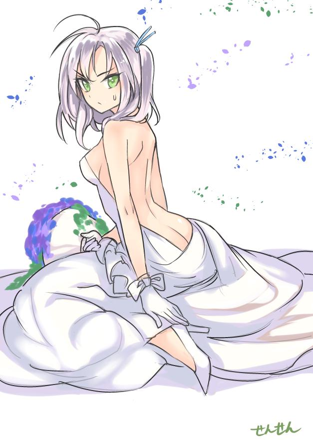 &gt;:( 1girl ahoge artist_name bare_back bare_shoulders bouquet bride dress flower gloves green_eyes hair_ornament high_heels holding kantai_collection kinugasa_(kantai_collection) long_hair looking_at_viewer looking_back petals pink_hair sensen shoes simple_background sitting solo twintails wedding_dress white_background white_dress white_gloves white_shoes