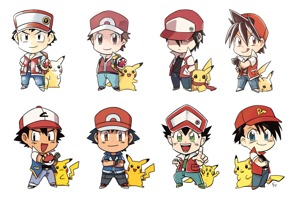 6+boys akai_isamu_(pokemon) baseball_cap black_hair brown_hair chibi fingerless_gloves gloves hat holding holding_poke_ball looking_at_viewer multiple_boys pikachu pocket_monsters_(manga) poke_ball pokemon pokemon_(anime) pokemon_(creature) pokemon_(game) pokemon_frlg pokemon_hgss pokemon_rgby pokemon_special red_(pokemon) red_(pokemon)_(classic) red_(pokemon)_(remake) satoshi_(pokemon) satoshi_(pokemon)_(classic) smile ssalbulre