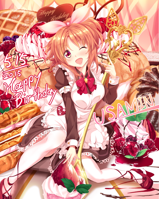 1girl ;d abe_nana apron blueberry blush breasts brown_hair character_name chocolate_syrup cream dated dress food fruit hair_ribbon happy_birthday haruka_natsuki idolmaster idolmaster_cinderella_girls juliet_sleeves long_sleeves maid maid_apron name_tag one_eye_closed open_mouth oversized_object ponytail puffy_sleeves raspberry red_eyes red_shoes ribbon shoes smile solo sparkle spoon strawberry strawberry_syrup sweets waffle white_legwear