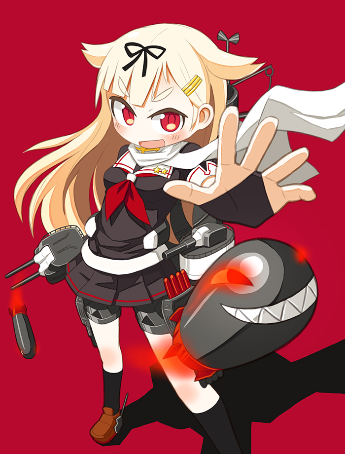 &gt;:d 1girl :d black_serafuku blonde_hair blush bridal_gauntlets cannon hair_flaps hair_ornament hair_ribbon hairclip kantai_collection kneehighs long_hair machinery nanatsuta neckerchief open_mouth outstretched_arm outstretched_hand pleated_skirt reaching red_background red_eyes remodel_(kantai_collection) ribbon scarf school_uniform serafuku skirt smile star torpedo turret yuudachi_(kantai_collection)