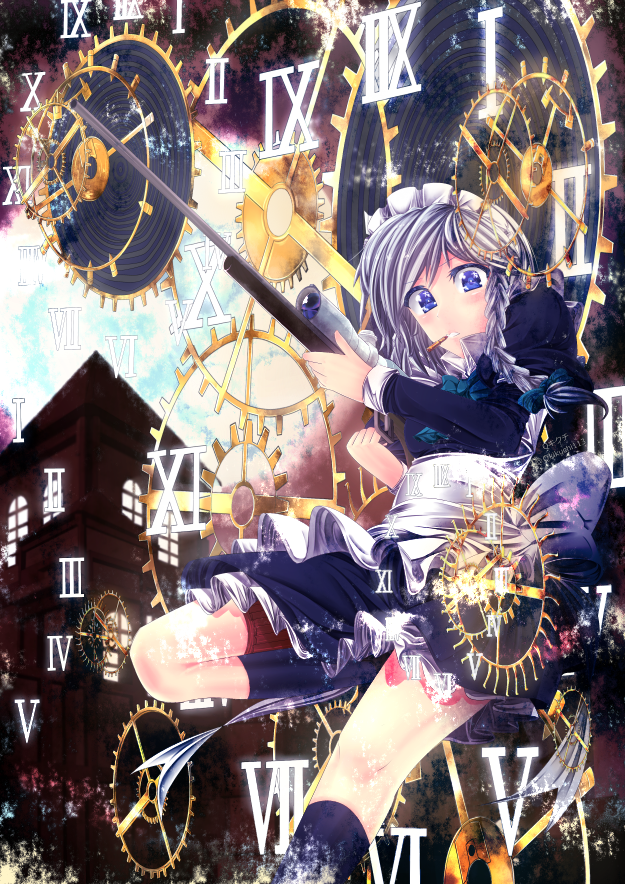 1girl apron artist_name blue_dress blue_eyes blue_legwear blue_sky bow braid bullet_in_mouth clock_hands collared_shirt dress frilled_dress frills gears gun holding_gun izayoi_sakuya kneehighs light_particles long_sleeves looking_at_viewer maid maid_apron maid_headdress mouth_hold puffy_long_sleeves puffy_sleeves q_kikuchi rifle roman_numerals scarlet_devil_mansion scope shirt short_dress short_hair silver_hair sky small_breasts sniper_rifle solo time_stop touhou twin_braids twitter_username weapon