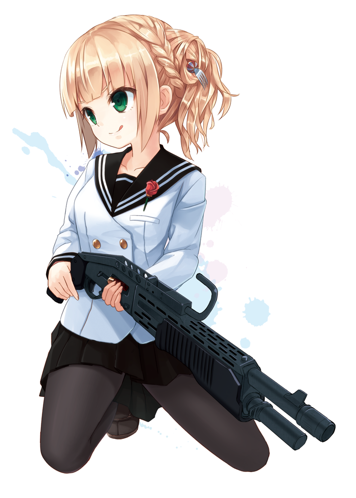 1girl :q black_legwear blonde_hair braid fork fork_hair_ornament green_eyes gun meso-meso original pantyhose school_uniform shotgun simple_background skirt smile solo spas-12 tongue tongue_out trigger_discipline weapon white_background