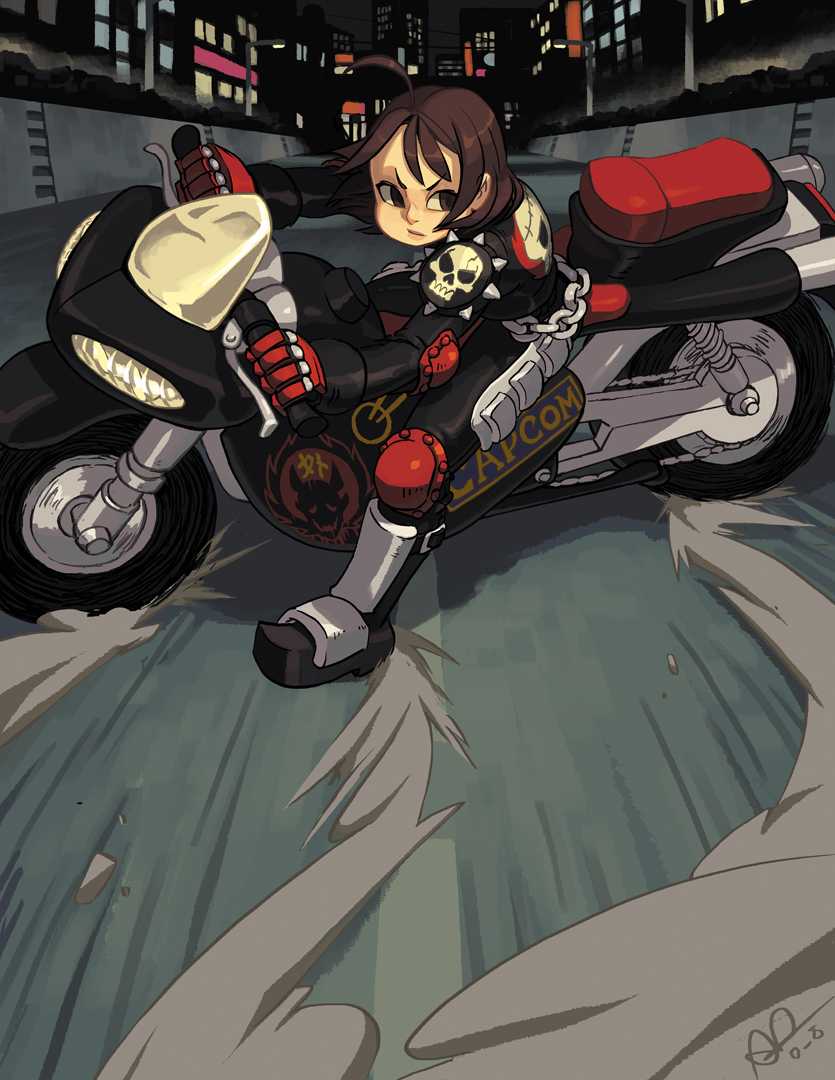 1girl ahoge akira alex_ahad biker_clothes brown_hair dust_cloud kazama_akira motor_vehicle motorcycle parody riding rival_schools rival_schools:_united_by_fate short_hair shoulder_pads smoke solo vehicle