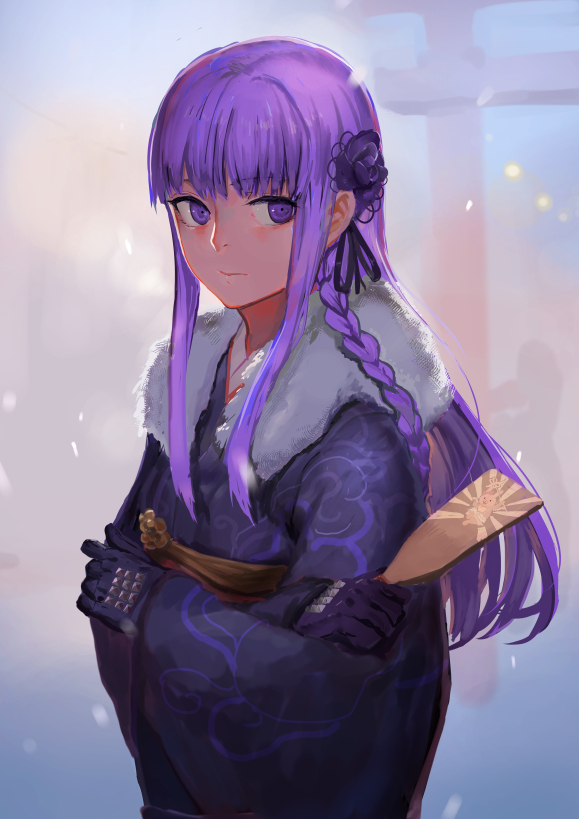 1girl braid dangan_ronpa dangan_ronpa_1 fur_trim gloves japanese_clothes kimono kirigiri_kyouko long_hair looking_at_viewer nuda paddle purple_hair solo torii upper_body violet_eyes