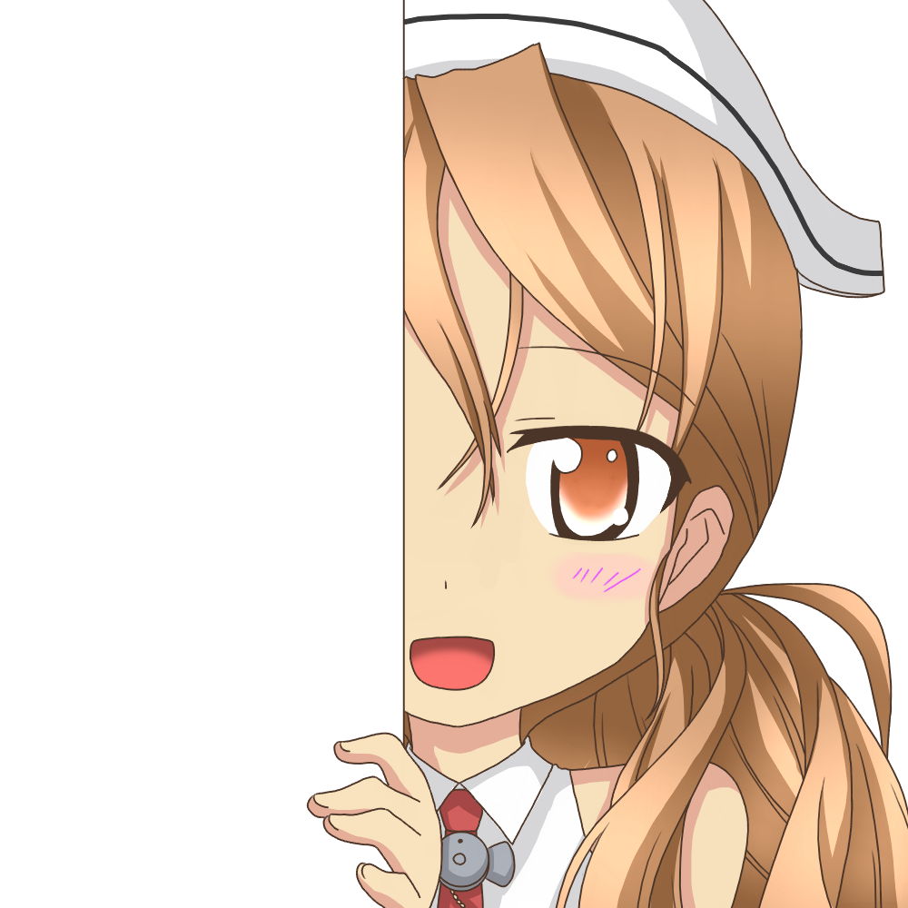 1girl :d brown_eyes brown_hair hat kantai_collection littorio_(kantai_collection) long_hair looking_at_viewer nagineko open_mouth peeking_out simple_background smile solo transparent_background