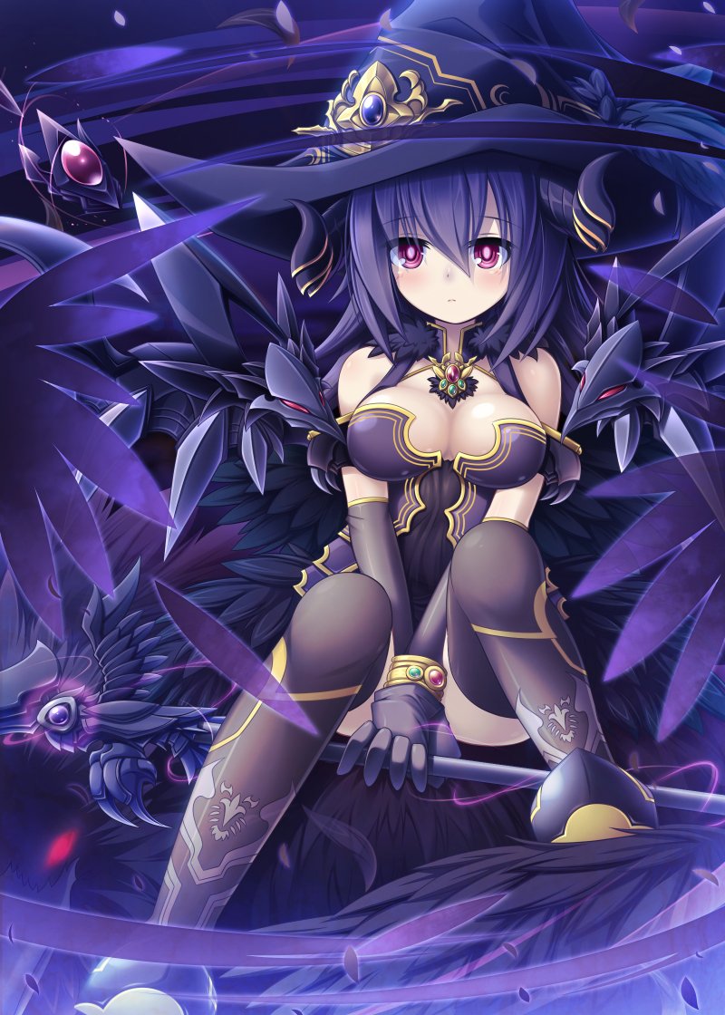 1girl akatuti bird black_hair breasts crow fantasy jewelry long_hair original red_eyes solo thigh-highs witch